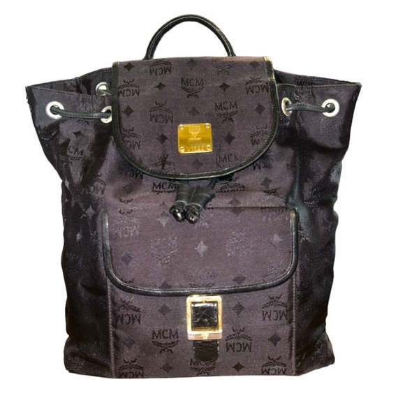 MCM Vintage Black and Gold Hardware Jacquard Classic Drawstring Nylon Backpack - Picture 4 of 11